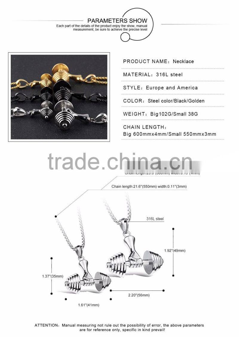 Fashion Men's Silver Black Gold Stainless Steel Dumbbel Pendant Necklace