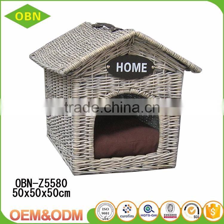 Natural wicker woven crafts indoor dog cat house basket with softy cushion