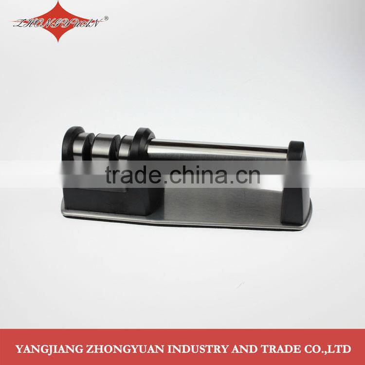 Unique design two-stage knife sharpener with stainless steel safety tray