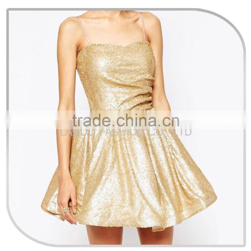 Sexy free shipping porm dress gold sequin spaghetti strap ball gown