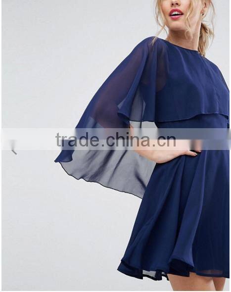 OEM Service Supply Type And Evening / Formal Dresses Type Elegant Evening Dress/ Navy Chiffon Dip Back Cape Mini Dress