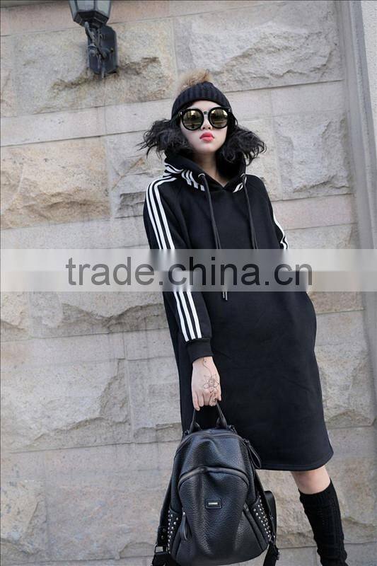 Women fashion long sleeve midi length black casual autumn hoodie dress