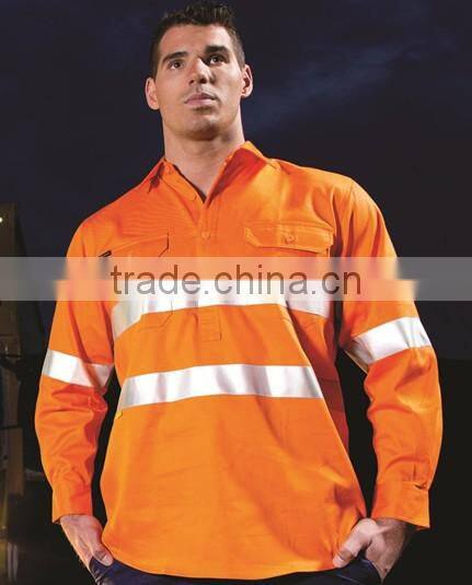 Hi Vis reflectivet close front cotton long sleeve shirt orange cotton safety workwear shirt UPF50+