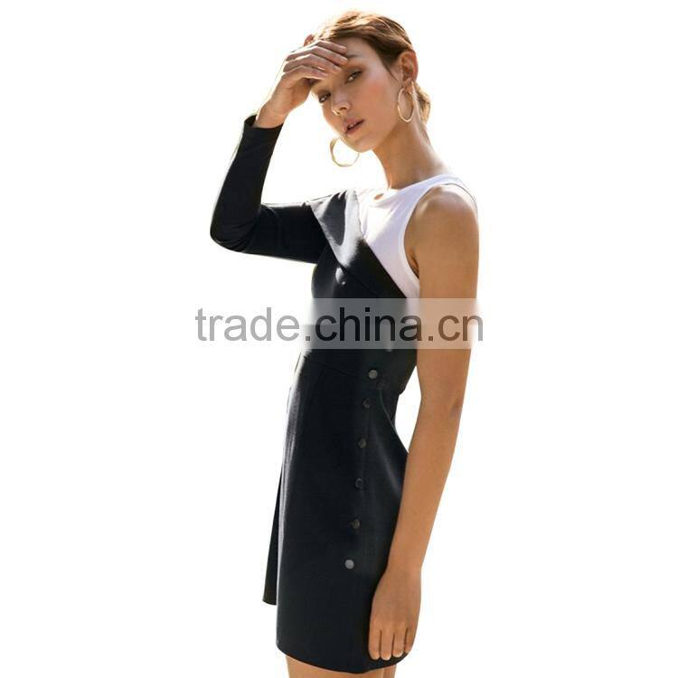 HAODUOYI Contrast Colour Fake Two-Piece Style Women Dress Side-buttoned O-neck One Sleeve Lady A-line for Wholesale