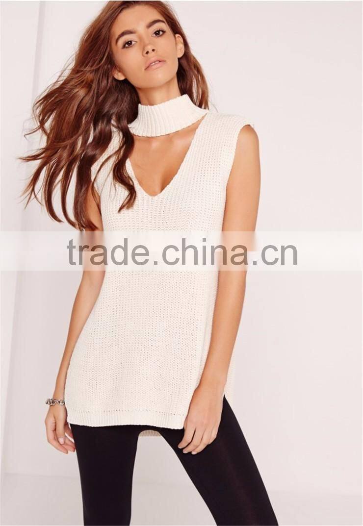 Plain White Women Knitwear With Split Hem Cut Out Front Ladies Sweater Choker Neck Chunky Tunic Cream