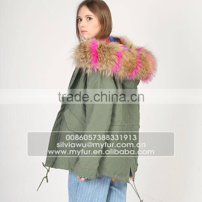 Myfur Fashion Women Parka Jacket with Real Fox Fur Lining and Natural Raccoon Fur Collar Hood