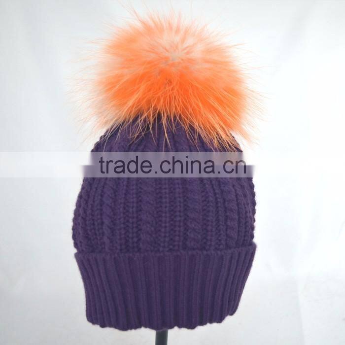 Myfur Popular New Cable Woolen Knitted Hat with Raccoon Pom Pom Top