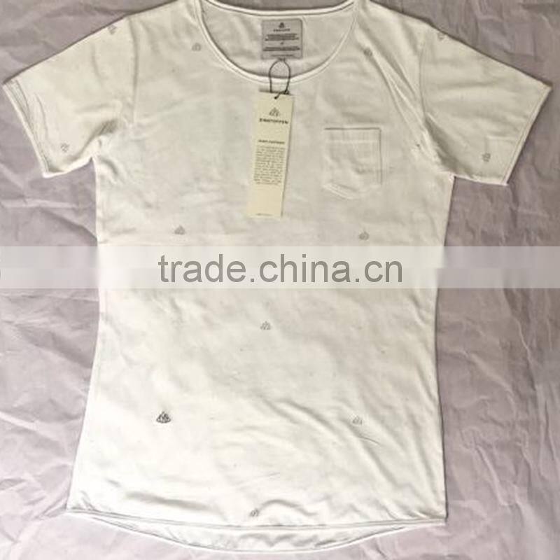 New Design Short Sleeve Raw Edged Printed White T Shirt for Men