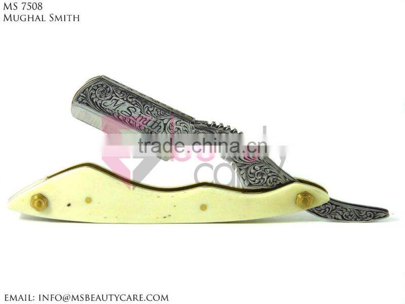 Stainless steel Barber Razor Blade Engraved with White Bone Handle