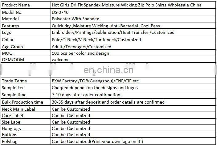 Hot Girls Dri Fit Spandex Moisture Wicking Zip Polo Shirts Wholesale China