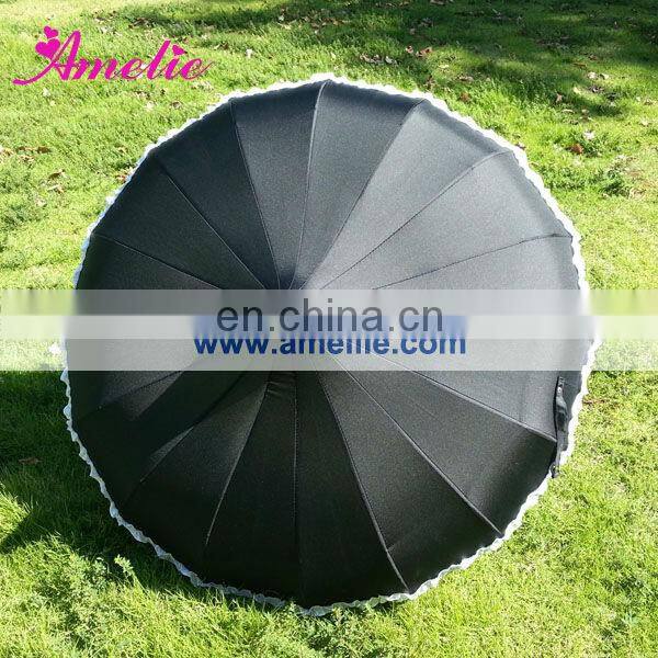 A0423 Gothic Black Pagoda Parasol with flower trim
