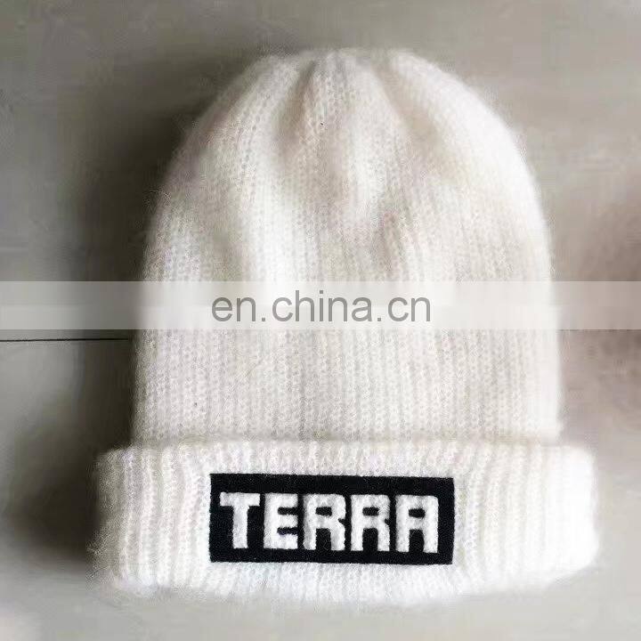 Custom brand logo womens white knitted beanie hat for women