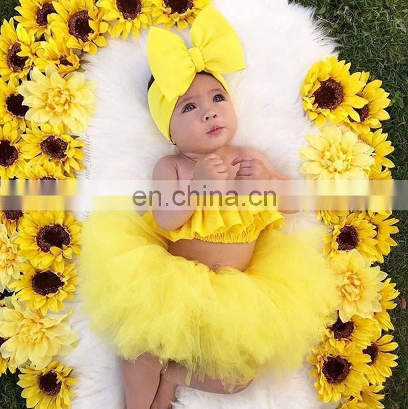 3Pcs Newborn Yellow Clothes Set Kid Baby Girl Outfit Off Shoulder Top+Tutu Tulle Skirt Set Summer Baby Clothing