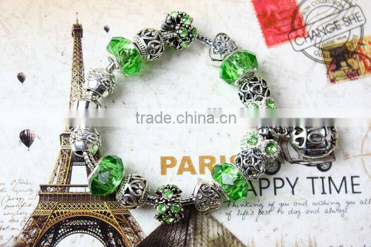 Fashion hot sale love charm bracelet beautiful green cyrstal bead bracelet