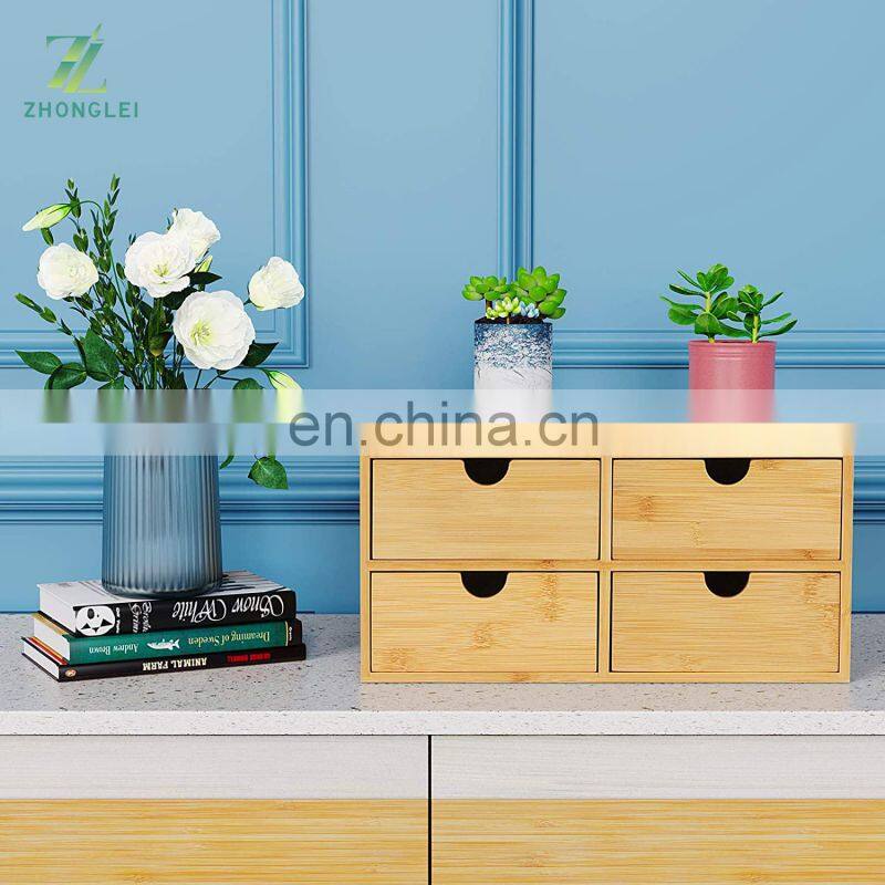 Bamboo Desk Organizer - Mini Bamboo Desk Drawer Tabletop Cosmetic Storage Organization for Office or Home (4 Drawer)
