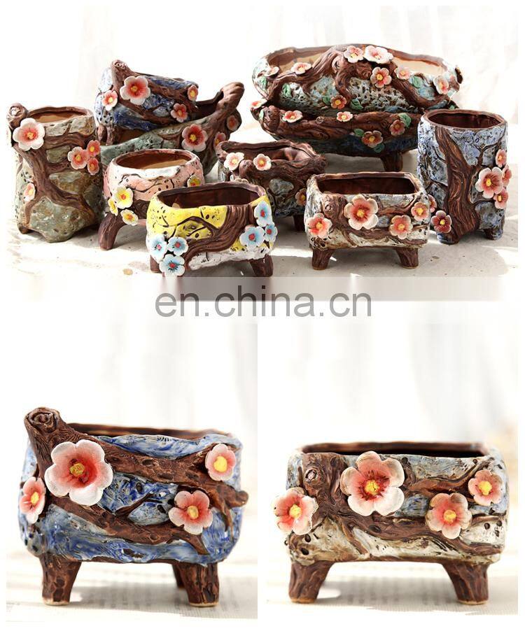 Wholesalers Cheap Garden Decor Flower Pots Plants Flowerpot And Planters Outdoor Small Wooden Looks Bonsai Pot Ceramic