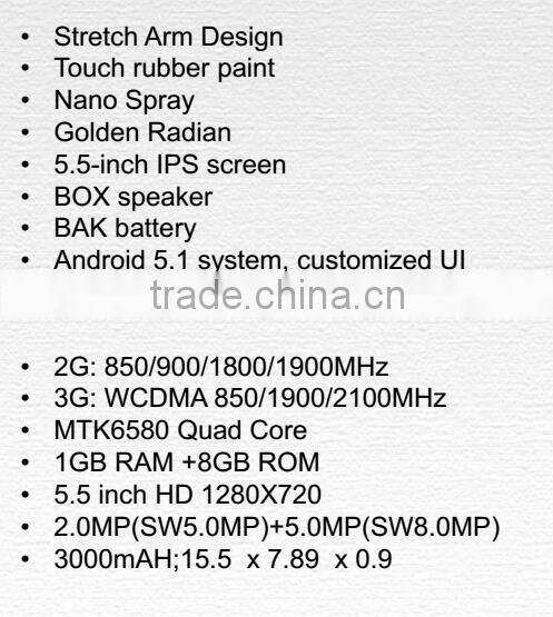 5.5Inch IPS screen Quad core 1G+8G android 5.1 Best selling 3G mobile phone big battery long standby 3000mah