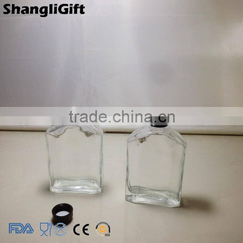 200ml Flat Glass Bottle For Liquor Wine Black Cap