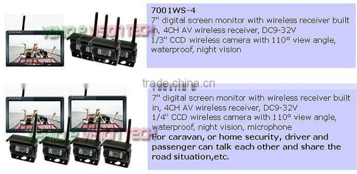 7inch analog wireless car camera system with 4CH display switch & CMOS/CCD camera