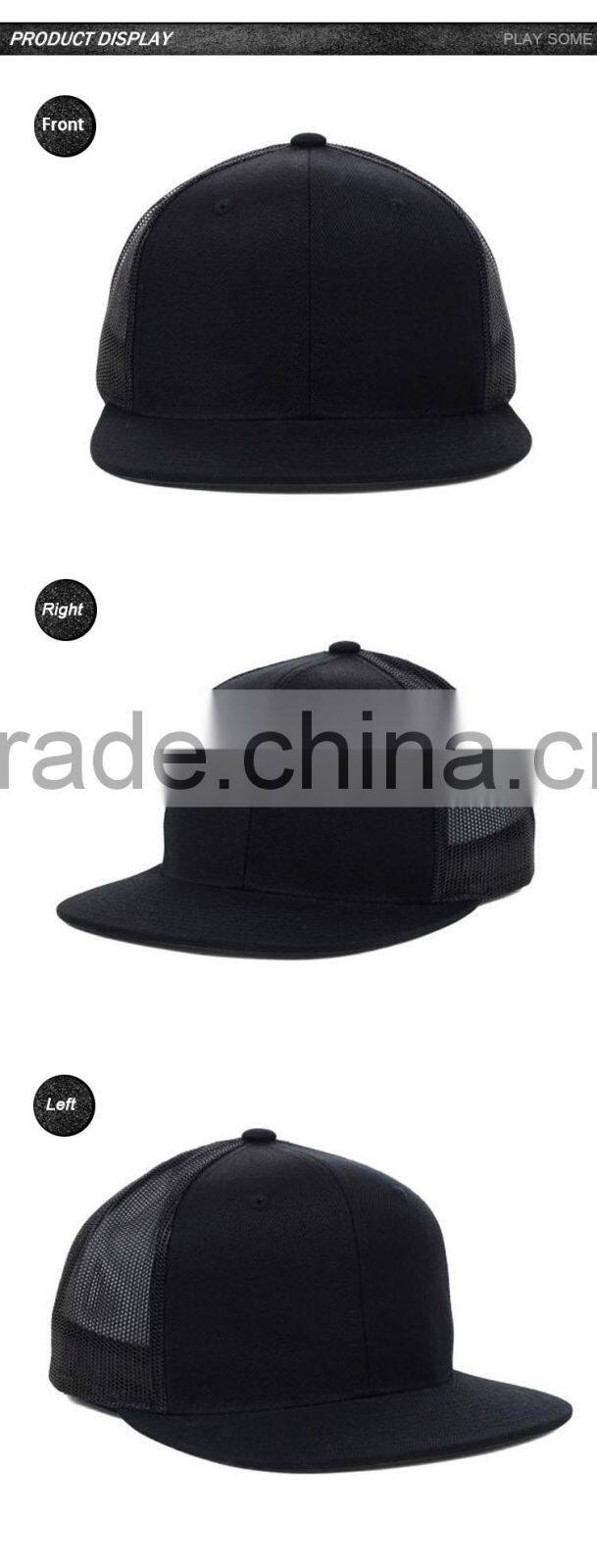 Comfortable flat bill custom plain black trucker caps in wholesale