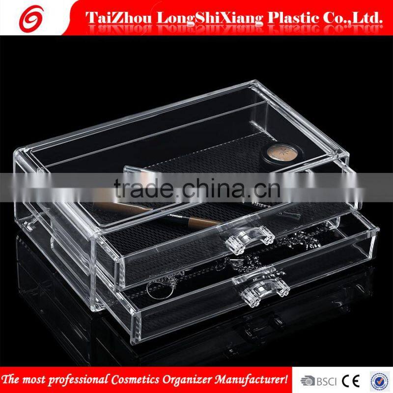 2016 longshixiang Newest fahional PS wholesale makeup organizer transparent two drawers jewel case
