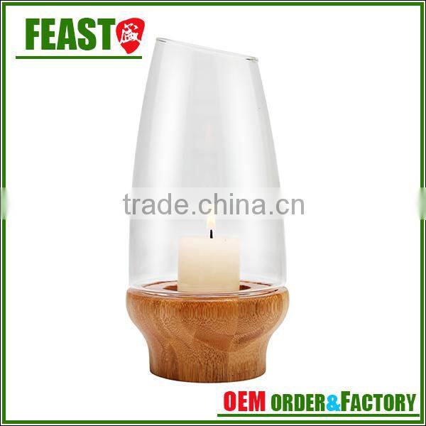 2015 New design glass candle holder decorative candle jar with wood stand