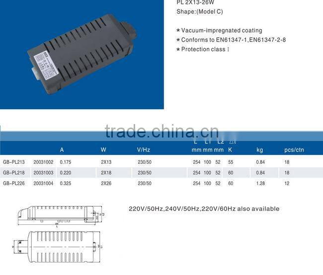electronic ballast for pl lamps Gear-box for fluorescent lamps, Model C