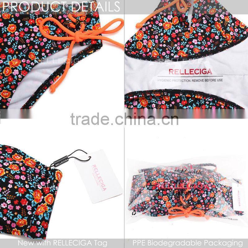 2016 RELLECIGA - Orange Dream FloralSwimwear with Lace-up Front &Brazilian Cut Scrunch Butt