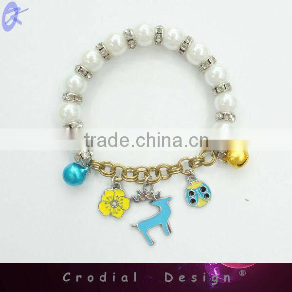 Christmas Design Bracelets Light Blue Oil Drip David's Deer Pendant With Jingle Bell For Christmas Pearl Bracelets