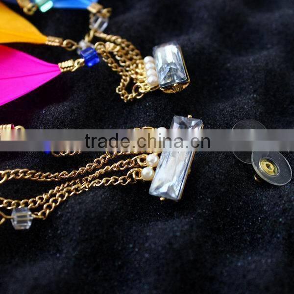 Fashion new design colorful long feather earring with clear crystal