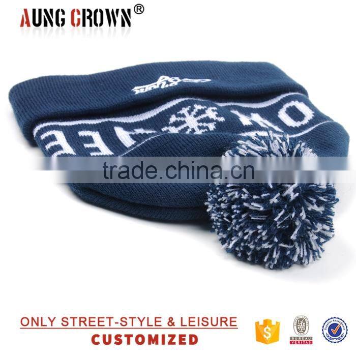 top quality custom knit beanie pom/top pom cuffed beanie/3d beanie