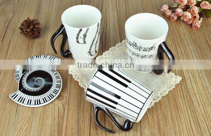 creative music note stave and piano ceramic breakfast mugw ith lid and black handle