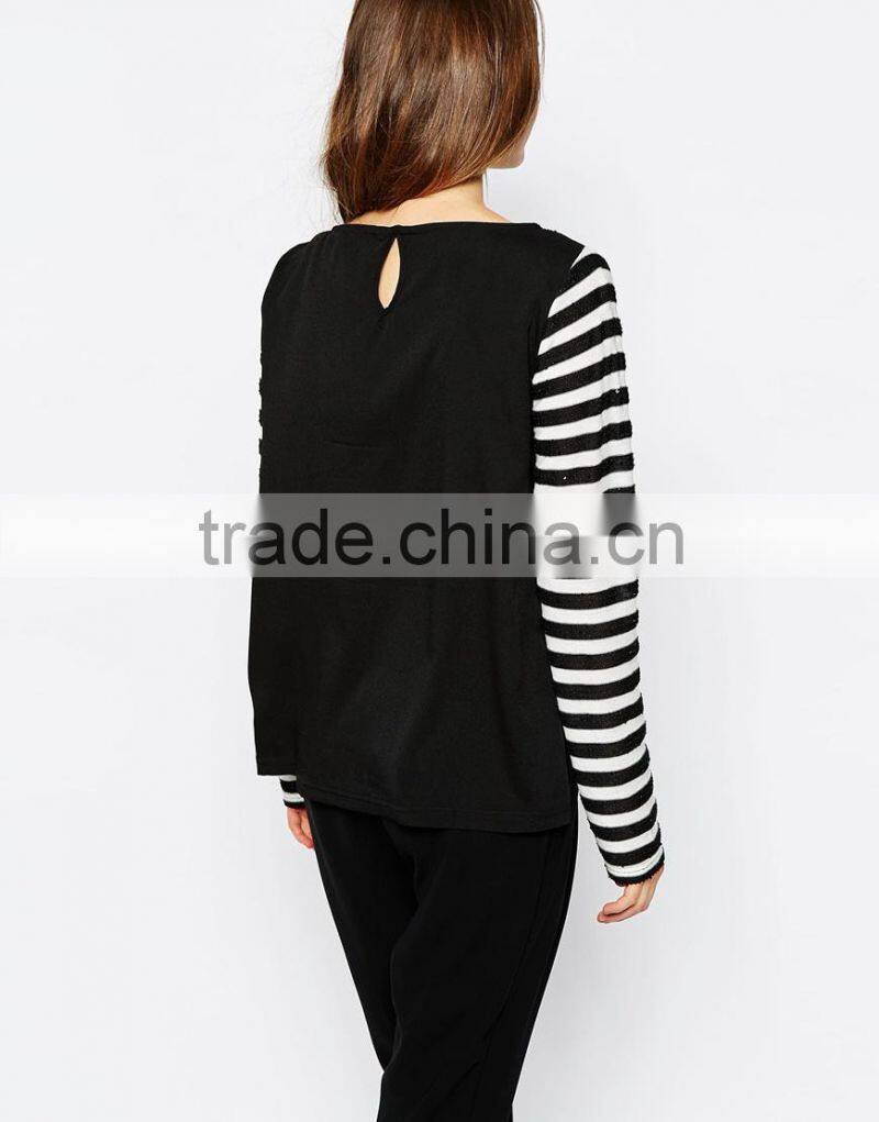 New Fashion Woolen Handmade Stripe Sweater Designs For Ladies Long Sleeves Asymmetric Pattern