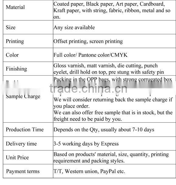 2016 China thick white cardboard wholesale embossing tags printing