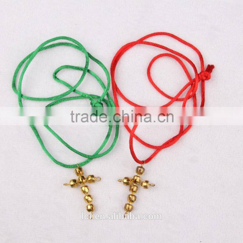 New arrival imitati jewelry cross bling handmade necklace cute girl religious necklaceRed and green bell necklace fo cotton rope