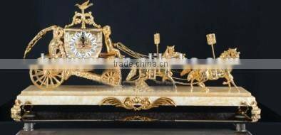 French-Empire-Style Horse Driving Marble Base Table Clock/Desk Clock, Gilded Ornate Bronze Table Clock