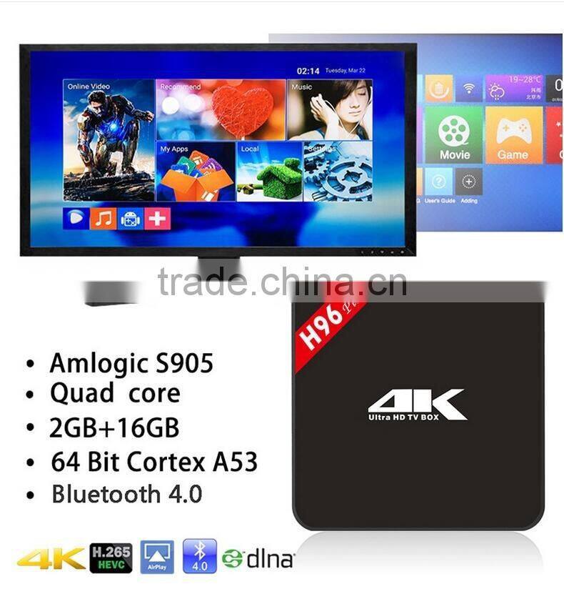 2016 hot sale android5.1 smart tv box H96plus wifi 2.4g 2G/16G kodi pre-installed internet tv box