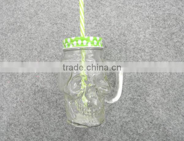 cheap stylish skull head glass mason mug with handle and black lid