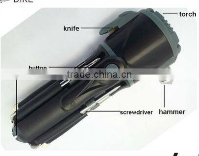 6 IN ONE high quality multi function emergency glass hammer , strong bright torch, screwdriver set, hand tool