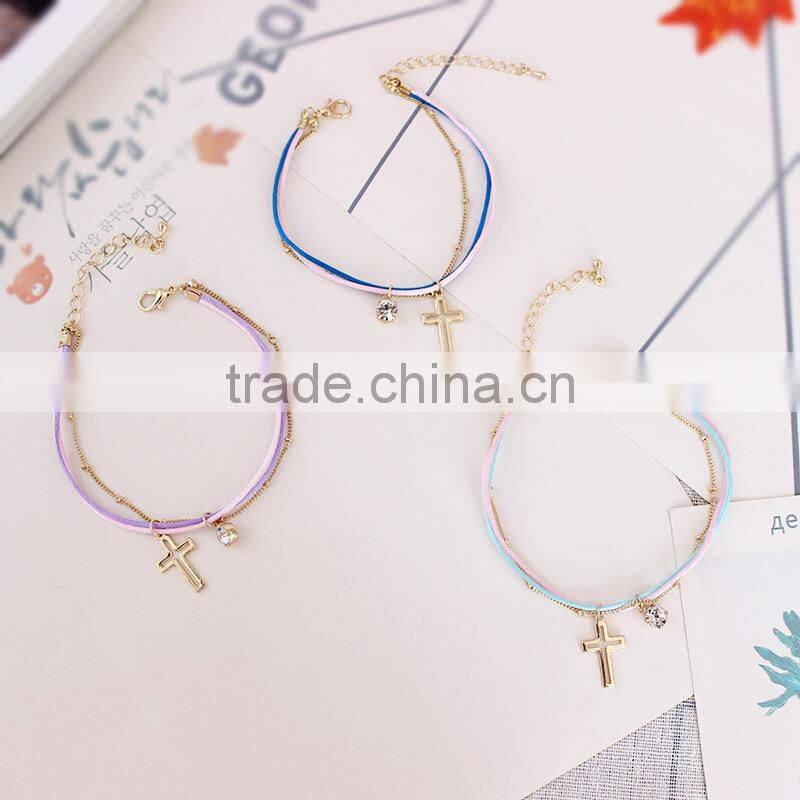 gold cross star zircon charms bracelet layered colorful silk cord gold chain bracelet