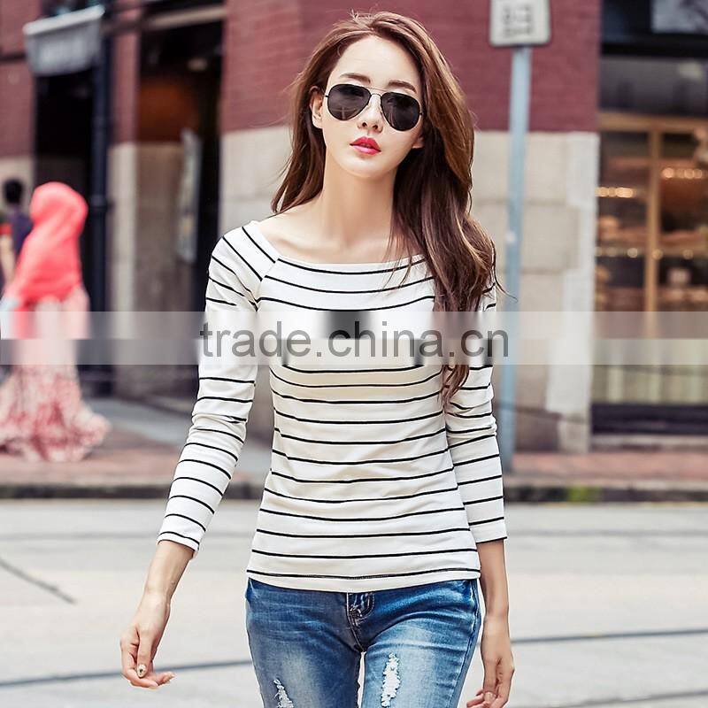 Hot sale autumn casual women wild striped knitted laday polyester bottoming thin slim long sleeve t shirt