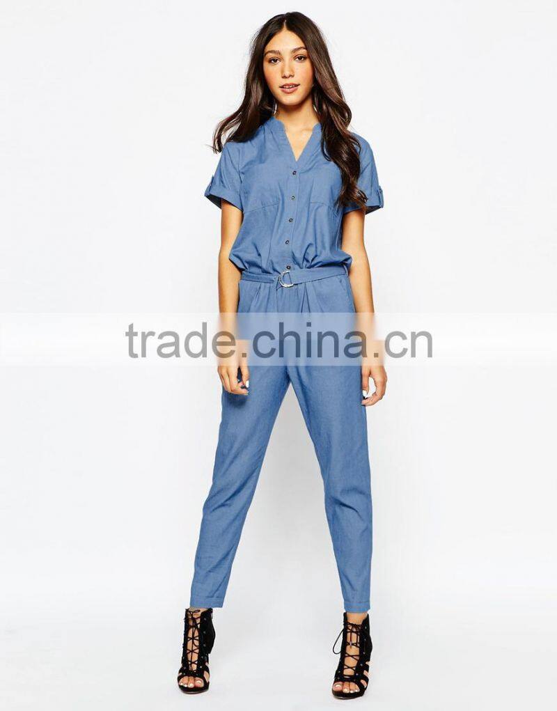2015 China factory OEM ODM fashionable customized Chambray Jumpsuit with D Ring Belt