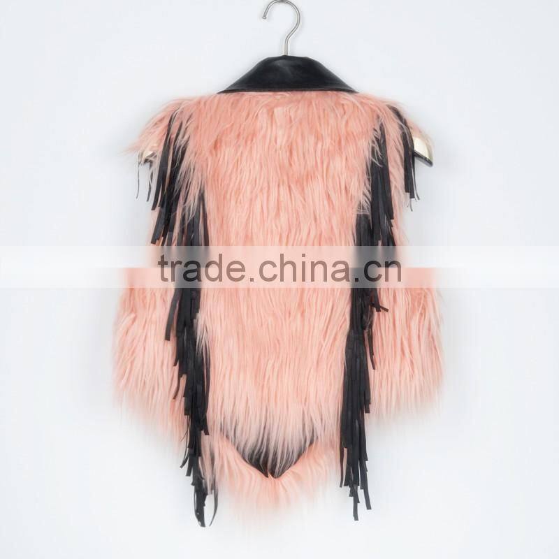 2016 new European style leather splicing faux fur vest woman dress