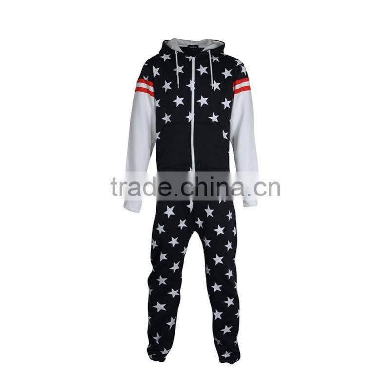 Hot sale 100%cotton star print hooded onesie with side pocket mens onesie