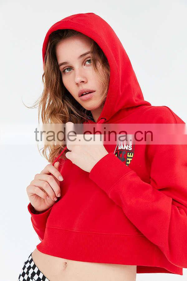 Mgoo Customize Women's Red Cropped Hoodie Sweatshirt Relaxed Fit Ribbed Cuff Long Sleeves Cotton Fleece Hoodies