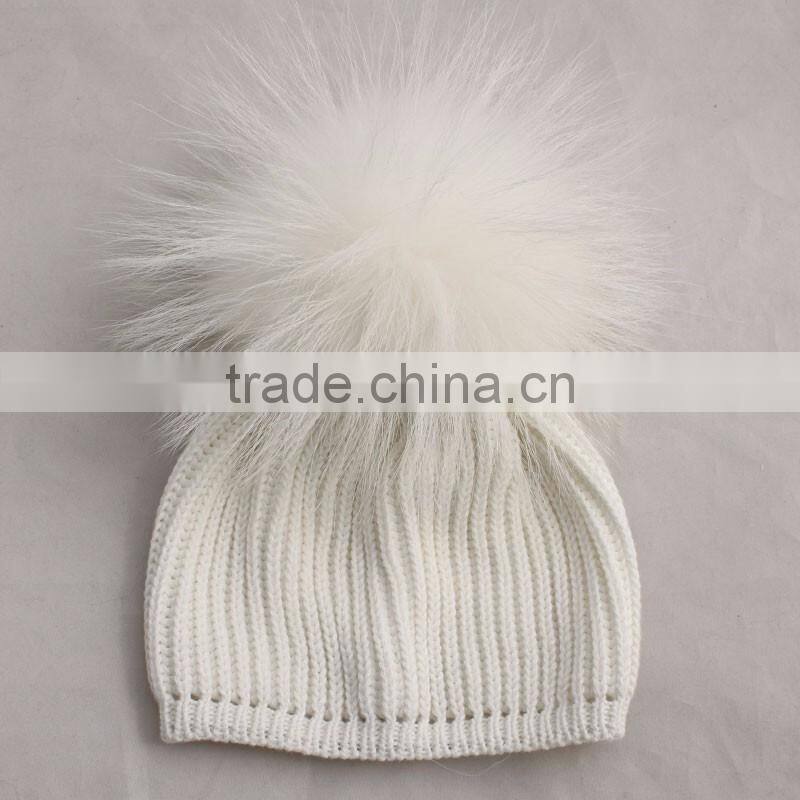 Myfur Kids Hat Pure White Genuine Fur Pom Pom Crochet Winter Knitting Hat