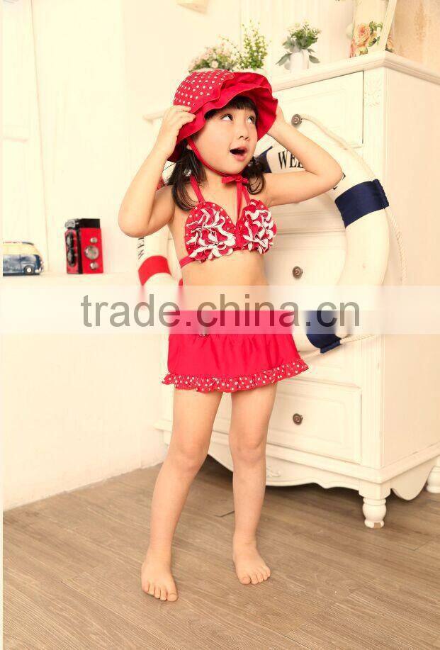2015 Baby girls swim red swim suit girls swimming suit red swimming suit with hat