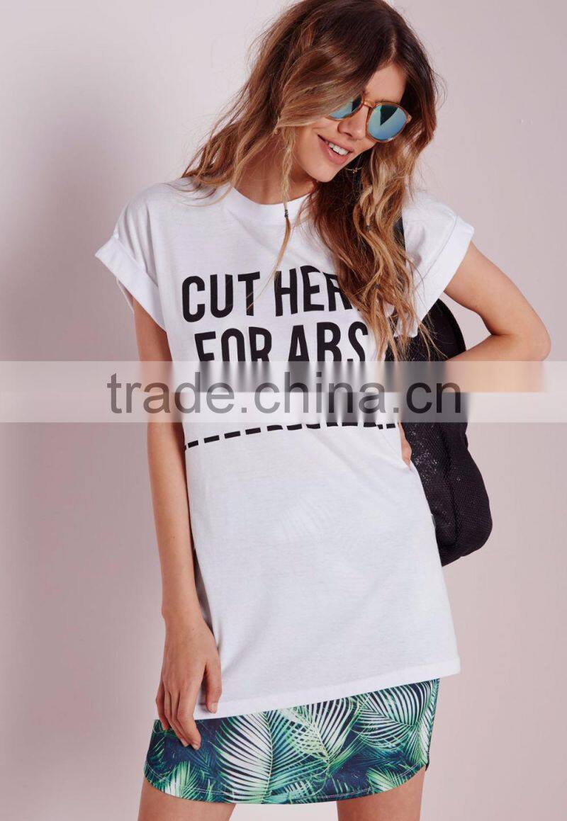 Women custom rolled sleeves white t shirt,elongated t shirt wholesale china