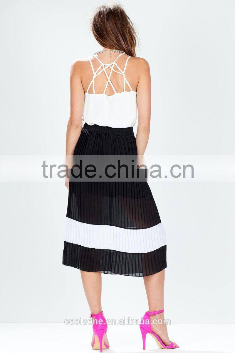 Fashion pleated colorblock midi skirt/wide simple design skirts 2015