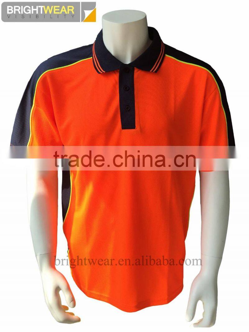 Mens two-tone high visibity reflective work wear poly/cotton silk-screen print safety polo shirt